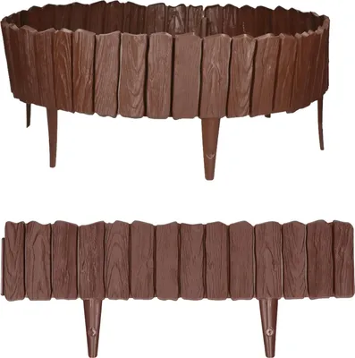 Two views of a brown plastic garden border with a wood-grain texture, one curved and elevated on legs, the other straight and flat on the ground.