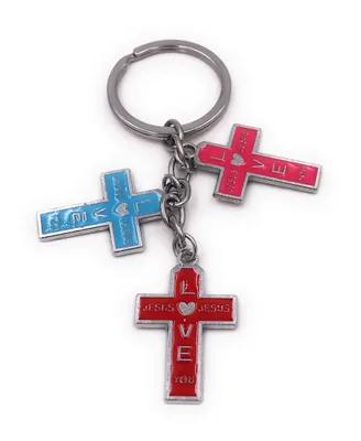 Produktbild von Onwomania Schlüsselanhänger Kreuz Kreuze Jesus Love You Glaube blau pink rot silber Anhänger Keychain