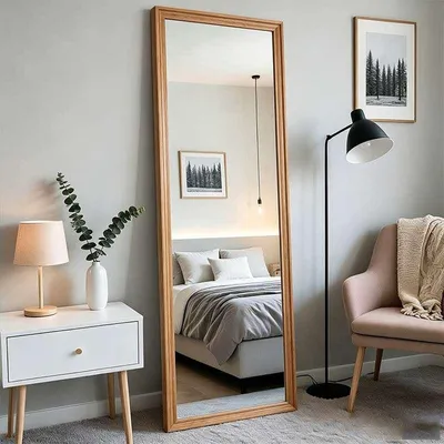 Produktbild von Rechteckiger Ganzkörperspiegel, 160 x 50 cm, Holzrahmen, HD verzerrungsfrei, Standspiegel, freistehend, Schlafzimmer Wohnzimmer, Holzoptik