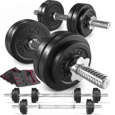 Produktbild von Hop-Sport 2in1 Kurzhanteln & Langhantel Set - Gusseisen Hanteln Set 30 kg mit Verbindungsrohr - inkl. Trainingshandschuhe
