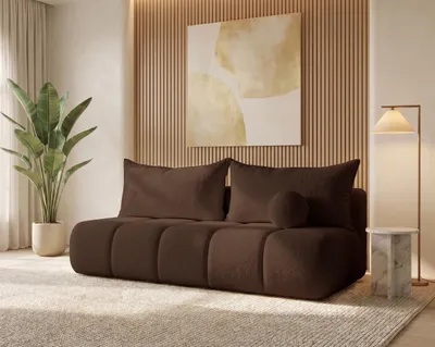 Image de BESILIO Petit canapé-lit 207 cm Glomi - Canapé avec fonction sommeil et espace de rangement pour le linge, Bouclé - Marron & Quelle 25
