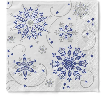 Produktbild von Tissue Serviette Cristal in Blau-Silber, 3-lagig, 33 x 33 cm, 100 Stück - Mank - Schneeflocken Eiskristalle Weihnachten