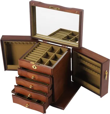 Image de Boîte à bijoux en bois à 5 étages avec miroir, boîte de rangement vintage pour bijoux avec tiroir
