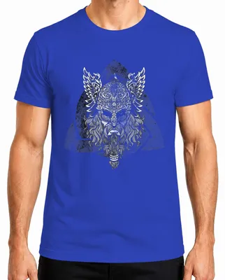 Productafbeelding van Vikingshelm, krijger, mythologie, runenknopen, Odin, Valknut, heren T-shirt, blauw, maat L