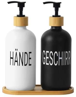 Produktbild von Seifenspender-Set aus Glas (2-teilig) – Nachfüllbare Spender in Schwarz und Weiß für Handseife und Spülmittel – Pumpaufsätze und Tropfschale aus Bambus – 7,5 x 21,5 cm, 500 ml