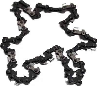 A close-up, studio shot of a chainsaw chain against a white background.