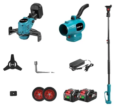 Produktbild von Rasentrimmer, Laubbläser, kabelloser Rasenmäher, 2 Batterien Set