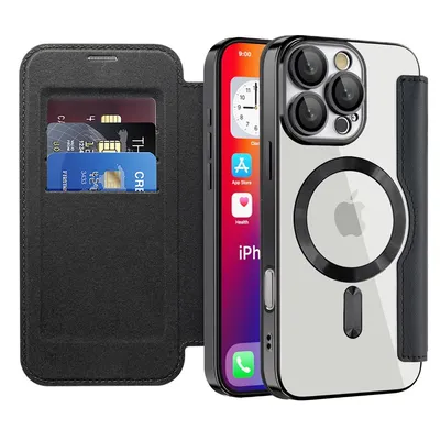 Image de Étui compatible MagSafe pour iPhone 16 Pro, étui transparent avec porte-cartes, étui en cuir avec protection de l'appareil photo noir