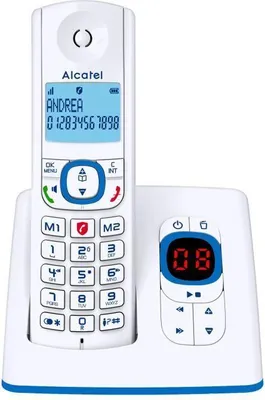 Produktbild von Schnurloses Telefon ALCATEL F530 Voice, Anrufblockierung, Freisprecheinrichtung, 2 Direktwahltasten, Anrufbeantworter, Weiß/Blau