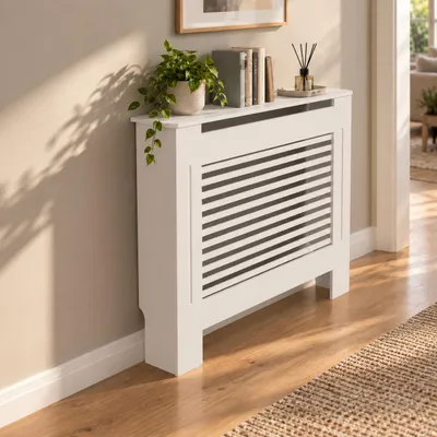 Obrázok produktu pre Kryt na radiátor WISFOR, 78 x 19 x 101,2 cm, kryt na radiátor z MDF s horizontálnymi lamielami, biela farba