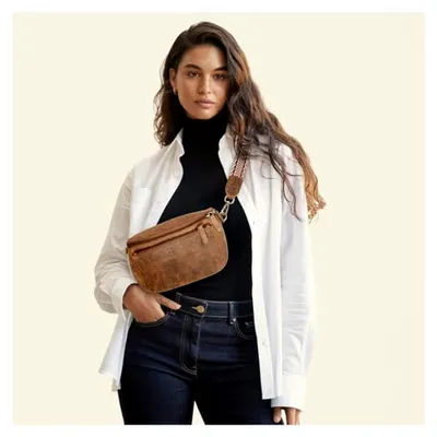 Produktbild von "Iowa Crossbody Bag Damen Leder 2 in 1 Leder Bauchtasche Damen Freizeit Festival Vintage Boho Look Farbe:schwarz