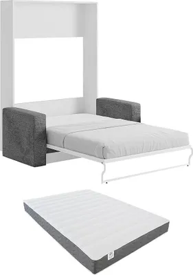 Produktbild von Versteckbett mit Schlafsofa 140 x 200 cm - Manuelle vertikale Öffnung - Weiß und grau + Matratze - VACIALA II
