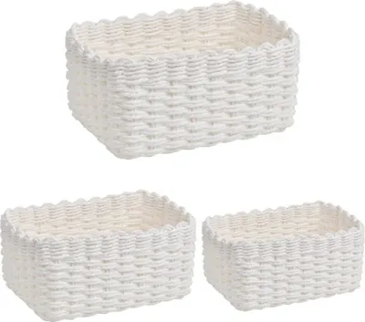 Produktbild von 3 Stück Aufbewahrungskorb – Recycling-Papier-Seil, 3 Größen, Geflochtene Regalkörbe für Bad, Küche, Schlafzimmer (Weiß)