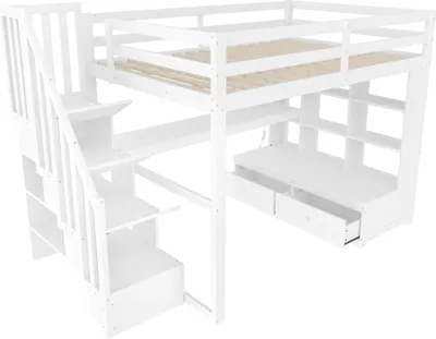 Produktbild von Hochbett mit Schreibtisch, 140x200 cm, LED-Streife, Lattenrost, Treppe, Stauraum, Steckdose, USB und Sitzbank, Kinderbett mit Rausfallschutz, Holzbett