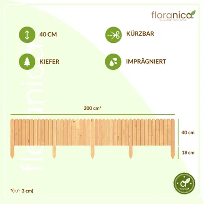 Produktbild von Floranica Rasenkante Höhe 40 cm Natur 200 cm Lang Gartenzaun Flexibler Holzzaun Gartendeko Gartenpalisade für Beeteinfassung, Mähkante Rollborder, Steckzaun Blumenbeet Umzäunung für Garten