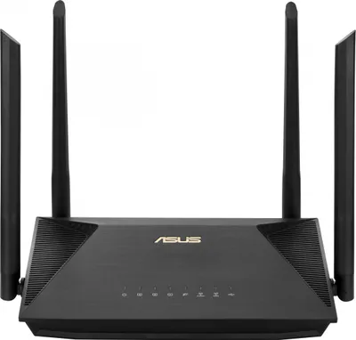 A black ASUS router with four antennas is shown from the front on a white background.