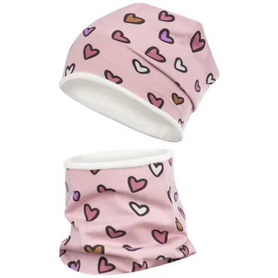 Produktbild von Wintermütze + Schlauchschal Mädchen Winterset Beanie Snood Herz Sterne, Rosa-Herz, Gr. 50-52