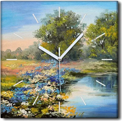 Produktbild von Coloray Uhr auf Leinwand 30x30 cm Wand Uhr Dekoration Wohnzimmer Segeltuch weiße Zeiger -Flusswaldlandschaft.