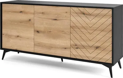 A sideboard with three doors, two with a natural wood finish and one with a geometric pattern, set against a light gray background.