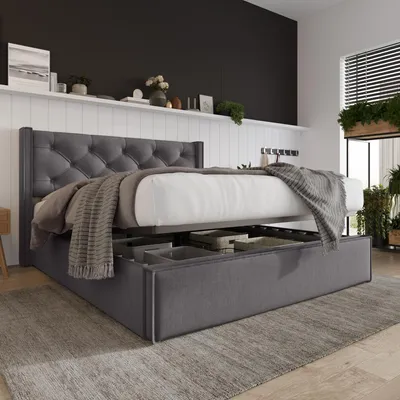 Image de OKWISH Lit coffre 140x200 cm - Tête de lit capitonnée et sommier en métal - Sans Matelas - Gris