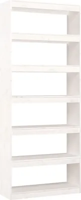 A white wooden bookshelf with six shelves against a white background.