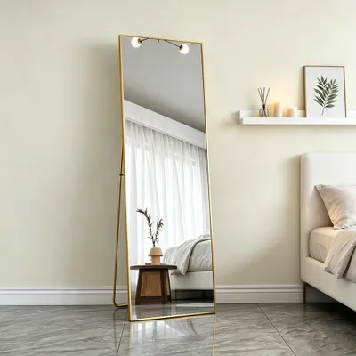 Produktbild von INONEFT Standspiegel 162 x 53 cm, Ganzkörperspiegel mit Gold Aluminiumrahmen, Rechteckiger Kosmetikspiegel für Wohnzimmer oder Ankleidezimmer
