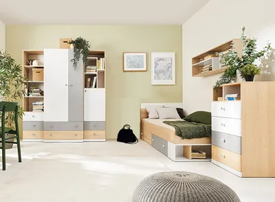 Produktbild von Jugendzimmer Set in Eiche mit weiß und grau PINETO-133, 6-teilig, inkl. 90x200cm Bett
