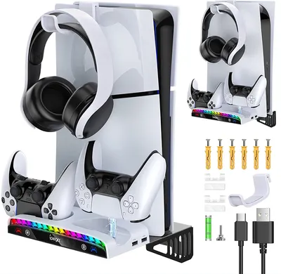 Produktbild von Für PS5 Slim/P5 Konsole Wandhalterung Basis Lüfter P5 Gamepad Dock Ladegerät + Disc Kopfhörer Lagerung Rack