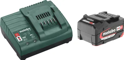 A battery charger and a battery pack are shown side-by-side on a white background.