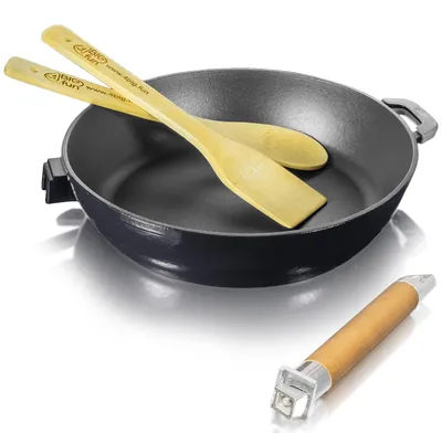 Produktbild von Emaillierte Gusseisen-Bratpfanne 24cm Tief mit abnehmbarem Griff + Pfannenwender + Kochlöffel
