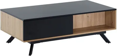 Produktbild von Couchtisch 110x60x38 cm MDF Eiche-Nachbildung / Schwarz Wohnzimmertisch, Sofatisch Rechteckig mit Stauraum, Kaffeetisch mit Schubladen, Tisch Wohnzimmer mit Metallbeine