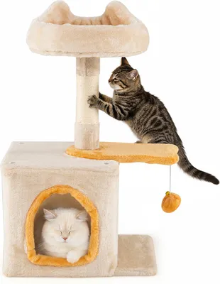 Image de Petit arbre à chat COSTWAY, arbre à chat avec siège en peluche, plateforme en forme de poisson, grotte, balle & griffoirs en sisal, arbre à chat en bois, meuble pour chats Beige