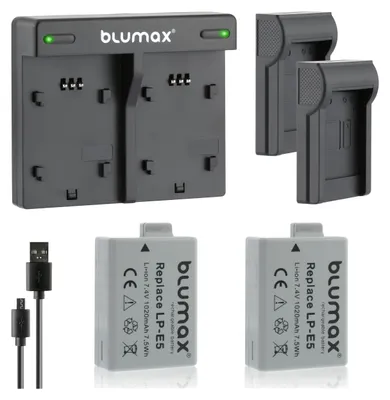 Produktbild von 2x Akku + Lader für Canon EOS 450D, EOS 500D, EOS 1000D LP-E5 1020 mAh