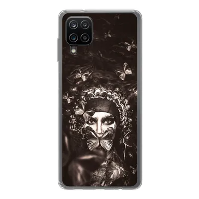 Produktbild von MuchoWow® Handyhülle Schutzhülle Hülle für Samsung Galaxy A12 Frau - Schmetterling - Schwarz - Weiß Silikon Softcase Handy Hülle - Bild