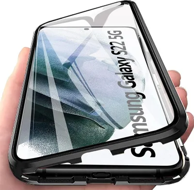 A hand holding a Samsung Galaxy S22 5G phone with a transparent magnetic case.