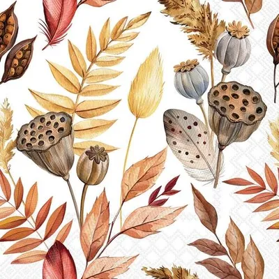 Produktbild von 20 Servietten Leaves and Feathers - Blätter und Herbstblüten 33x33cm