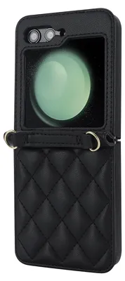 A black quilted phone case with a clear window for the phone screen and camera.