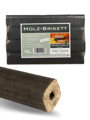 A package of wood briquettes and one individual briquette are shown against a white background.