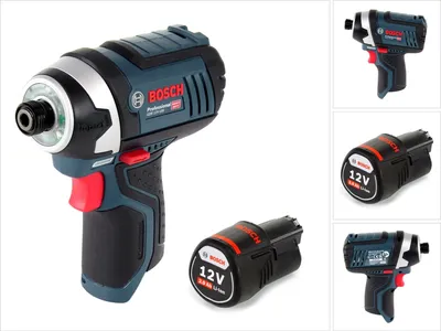 A collage of images showing a Bosch cordless impact driver and its battery pack from different angles.