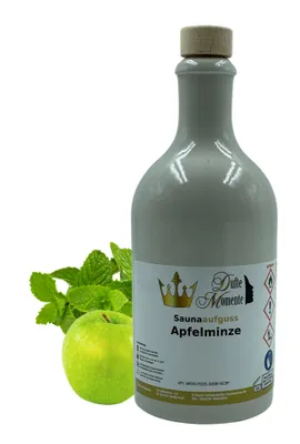 Produktbild von Dufte Momente | Saunaduft Konzentrat Apfelminze 500ml in weißer Steingutflasche | naturreine ätherische Öle | vegan, ohne Tierversuche