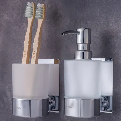 Produktbild von Dolvhin Seifenspender und Zahnputzbecher Set ohne Bohren | 250ml Milchglas Handseifenspender & Zahnbecher | Edelstahl Wandhalterung | Chrom Poliert