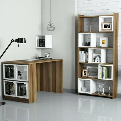 Immagine prodotto di Dmora Scrivania Hongyu 65x120x75h cm Bianco, con Libreria Materiale Piano in Legno Nobilitato