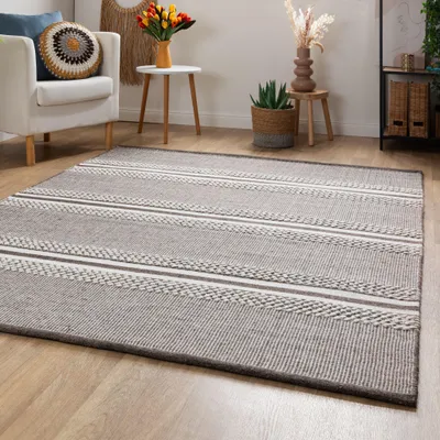Produktbild von Steffensmeier Handweb Teppich Habo | Wolle (Schurwolle), Grau, handgewebt, Größe: 120x180 cm Wohnzimmer und Schlafzimmer