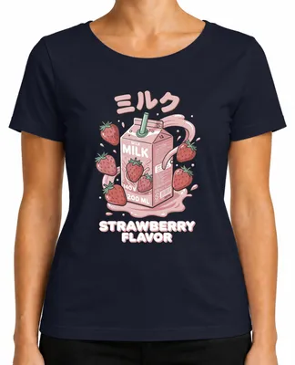 Obrázok produktu pre Tričko s potlačou "Japonské mlieko s príchuťou jahody", štýl "kawaii", s odkazmi na Japonsko, éru Y2K a manga, modrá farba, veľkosť L