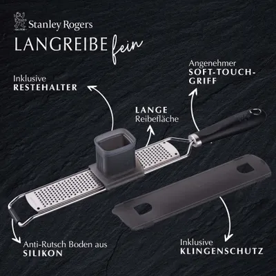 Produktbild von Stanley Rogers Langreibe fein - Breite Reibefläche, Extra scharfe Edelstahlklingen für Käse, Muskatnuss & Mehr - Reibe inklusive Restehalter - Ideal für Profi- und Hobbyköche