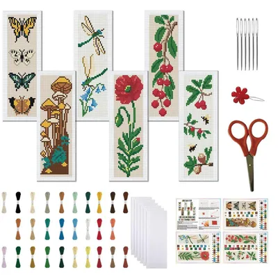 Image de Lot de 6 marque-pages brodés au point de croix, style vintage, avec motifs floraux, idéal pour les débutants, 11CT, 8"x2.4"