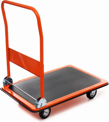 A studio shot of an orange and black platform trolley.