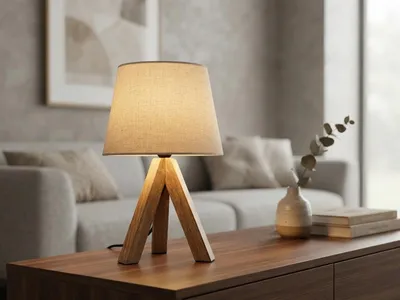 Produktbild von Kleine Tischlampe skandinavisch mit Holz & Leinen Lampenschirm Beige, Höhe 27cm