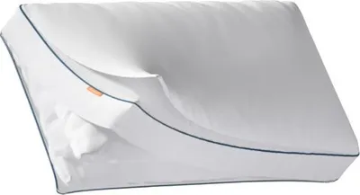 A white pillow with blue trim is shown at an angle.