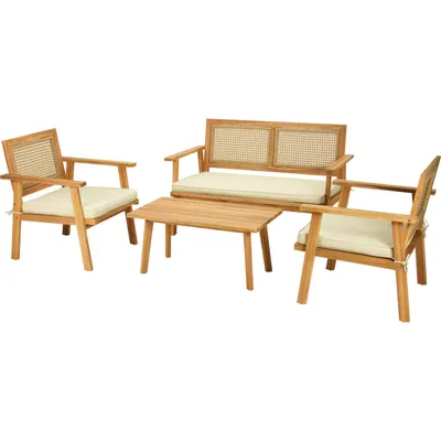 A wooden outdoor furniture set with cushions and a coffee table on a white background.